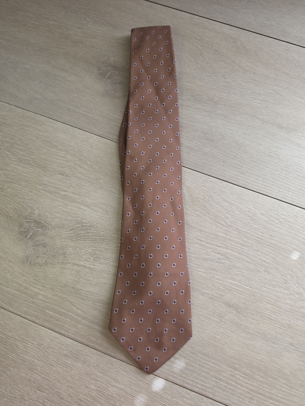 Buckingham Mens Tie Vintage USA Made Brown Polyester Medallion Geometric Necktie